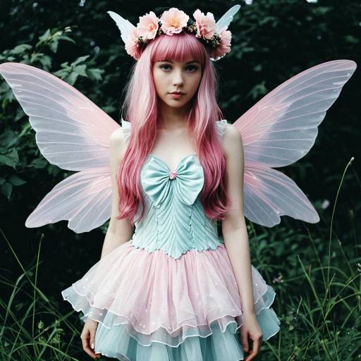 Young Woman in Pastel Fairy Dress with Wings