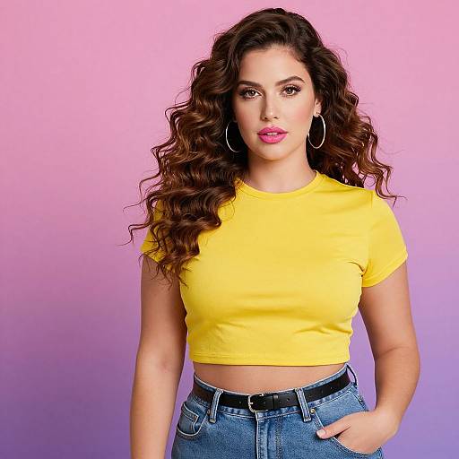 Photograph of a confident young woman with long, wavy brown hair, wearing a yellow crop top and blue jeans, against a pink-purple gradient background