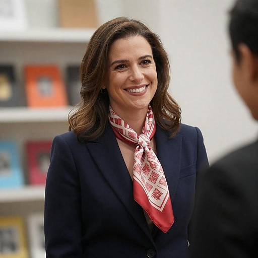 Smiling Woman in Navy Blazer with Scarf