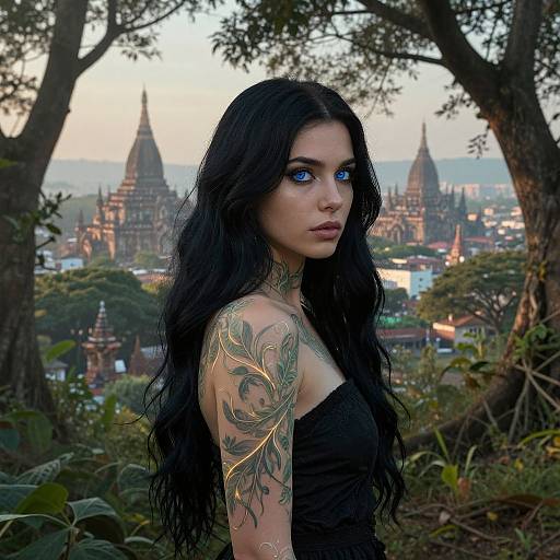 Photograph of a tattooed, long-black-haired woman with glowing blue eyes, wearing a black strapless top, standing in a forest overlooking a sunset