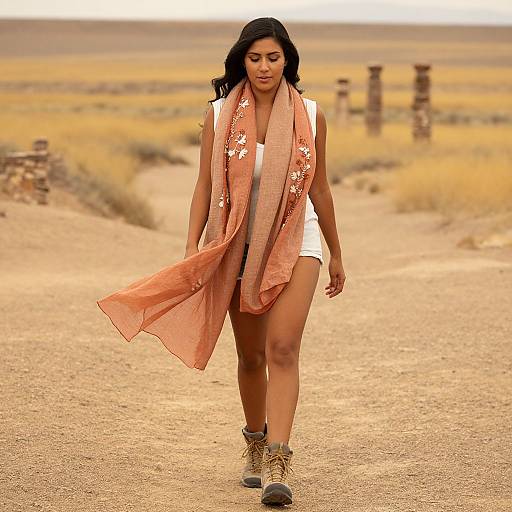 Photograph of a confident woman with medium brown skin, black hair, wearing a white sleeveless top, orange floral scarf, and beige boots, walking