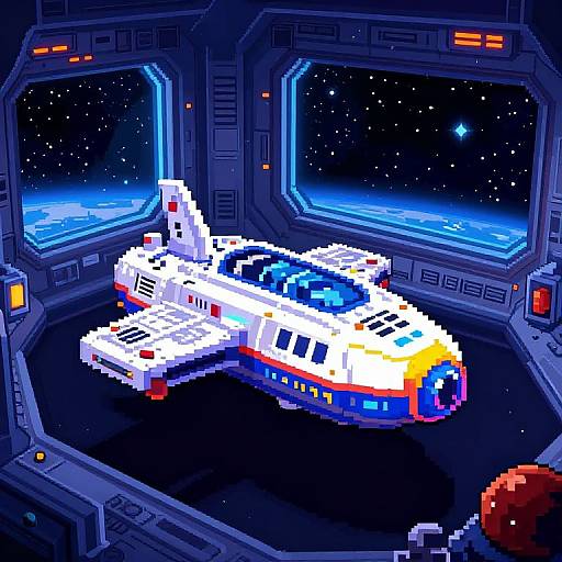 Pixel art of a brightly colored spaceship docked in a futuristic, blue-lit space station with starry views through large windows.