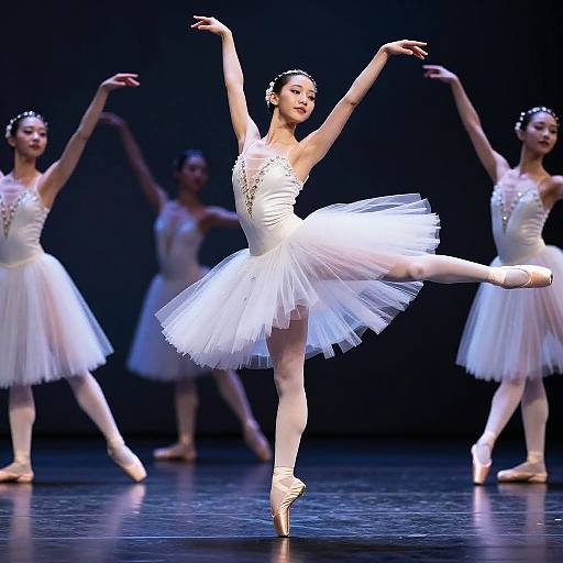 Photograph of a ballet performance: A ballerina in a white tutu and pointe shoes, with raised arms and extended leg, surrounded by