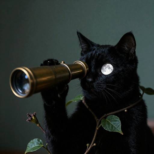 Black Cat with Brass Telescope and Moonflower Vines