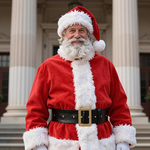 Smiling Santa Claus in Front of Classical Building