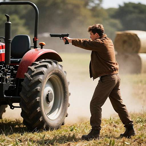 Intense Man Aiming at Red Tractor