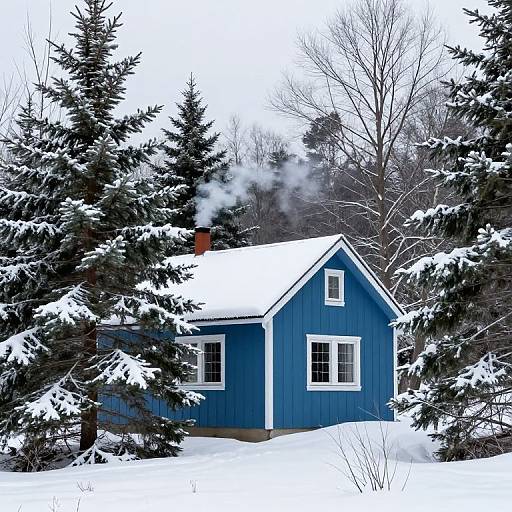 Photograph of a blue, wooden cabin with white trim, snow-covered roof, surrounded by snow-laden evergreen trees, and smoke rising from the
