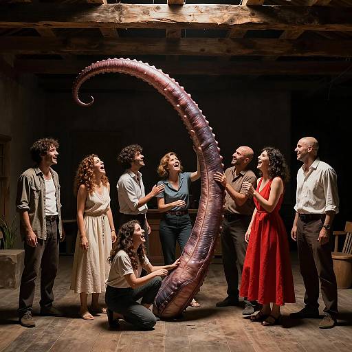 Group with Large Tentacle Prop in Rustic Room