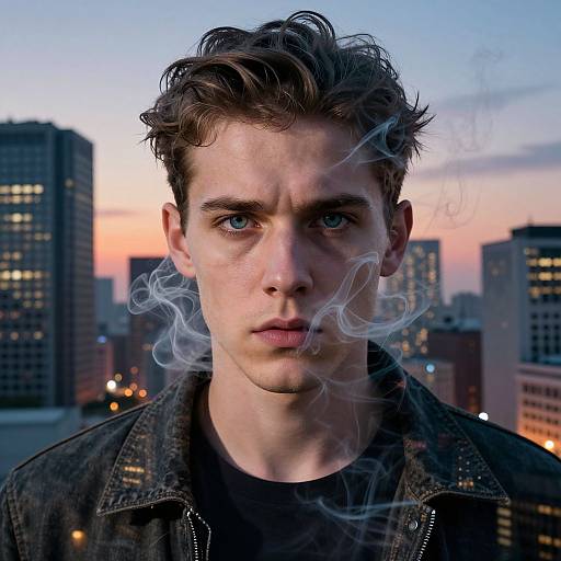 Photograph of a serious young man with blue eyes, short brown hair, and smoke swirling around his head, standing against a cityscape at sunset.