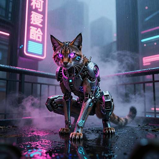 Cybernetic cat with glowing purple eyes crouches in a neon-lit, rainy urban alley, surrounded by illuminated Japanese signs and reflective wet