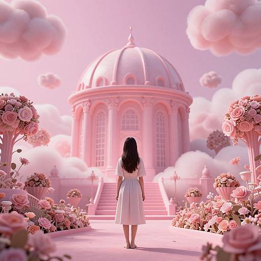 Surreal Pink Garden with Floating Clouds