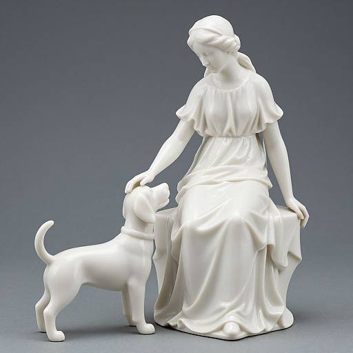 Photograph of a white, classical-style marble statue of a woman in a flowing dress, gently patting a standing white dog.