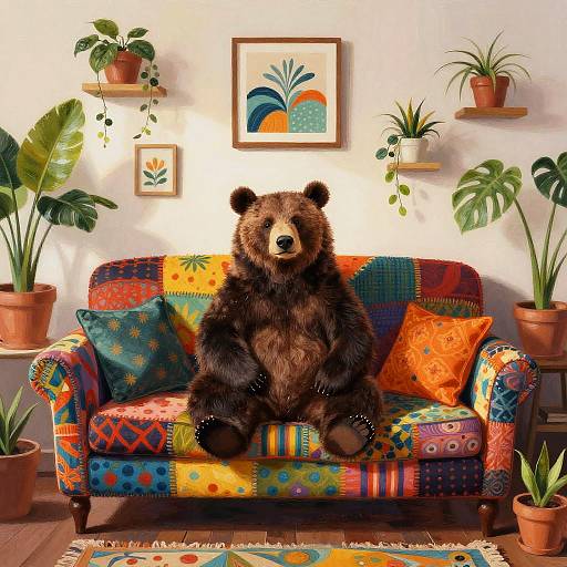 Bear on Colorful Bohemian Couch