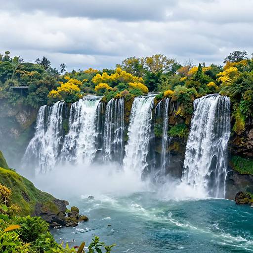 Photograph of a multi-tiered waterfall cascading into a turquoise pool, surrounded by lush greenery and vibrant autumn trees under a cloudy sky.