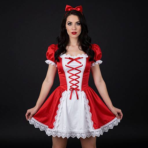 Photograph of a pale-skinned woman with long black hair, wearing a red and white satin Alice in Wonderland-style dress with lace trim, red bows