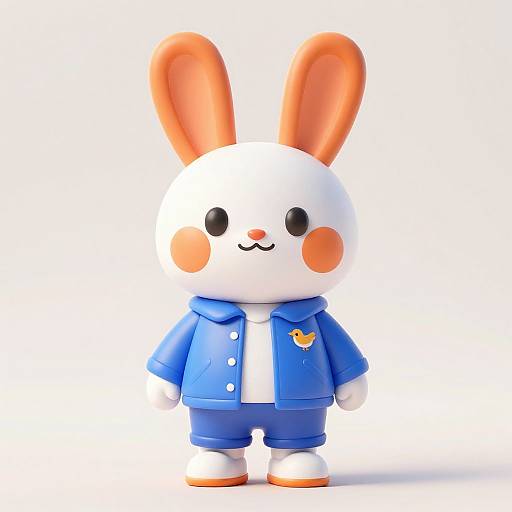 Cute, digital 3D cartoon rabbit with large orange ears, white body, blue jacket, and blue pants, standing against a white background.