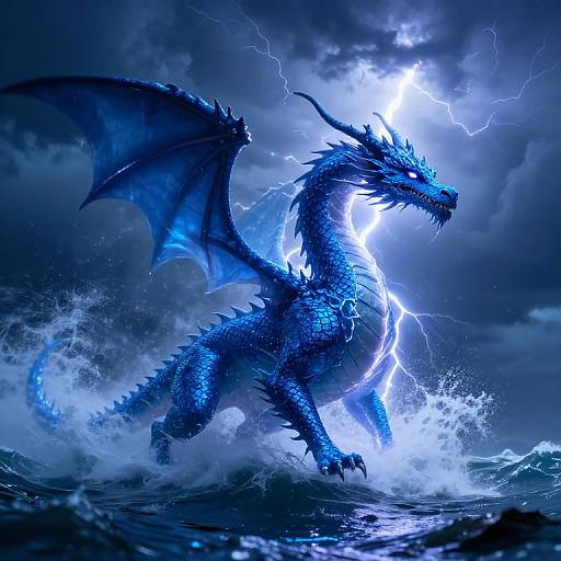 Digital artwork of a blue, lightning-illuminated dragon with glowing eyes, large wings, and sharp spikes, roaring as it emerges from stormy