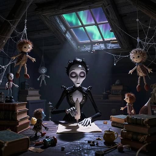 Whimsical Shadow Seamstress Attic Scene