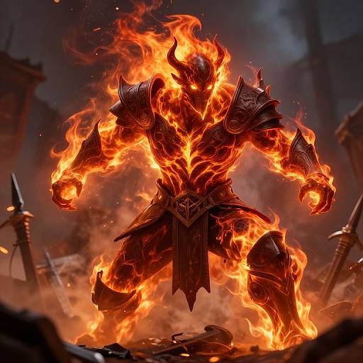 Digital artwork of a fiery, armored warrior engulfed in bright orange flames, standing amidst a battlefield with scattered swords and debris.