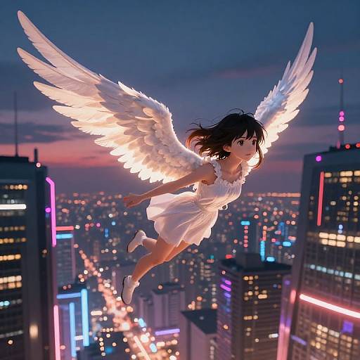 Anime-style digital artwork: Angelic girl with white wings and black hair flies over a neon-lit, futuristic city skyline at dusk.