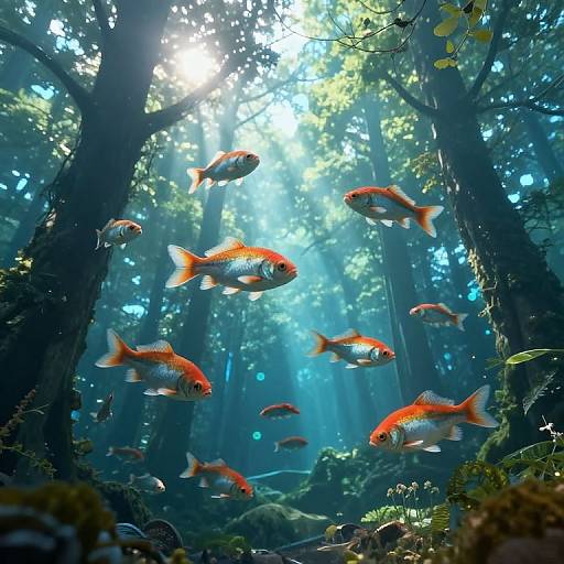 Photograph of vibrant orange and white fish swimming in a sunlit, misty forest underwater scene, surrounded by towering trees and lush greenery.