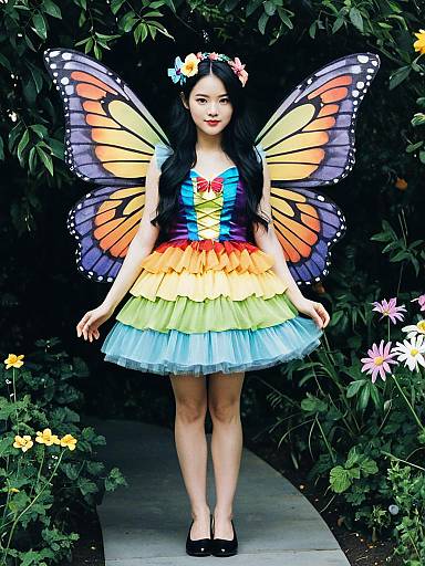 Woman in Rainbow Fairy Costume with Butterfly Wings