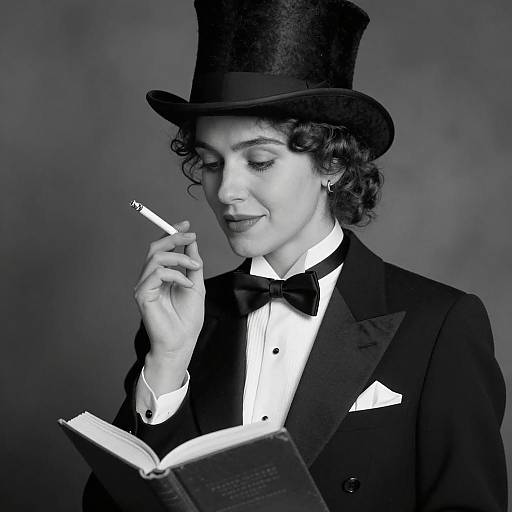 Woman in Top Hat Reading with Cigarette