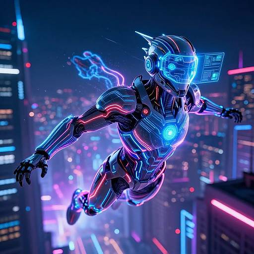 Neon-lit cybernetic robot flying through a futuristic cityscape at night, glowing blue and pink lights, digital display on helmet, high-energy