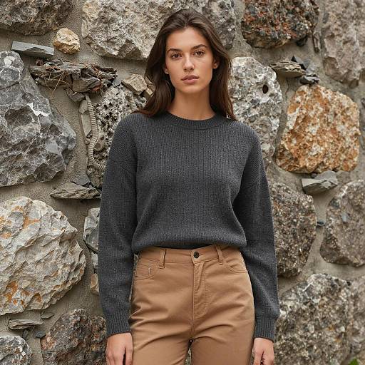Young Woman in Gray Sweater and Tan Pants by Stone Wall