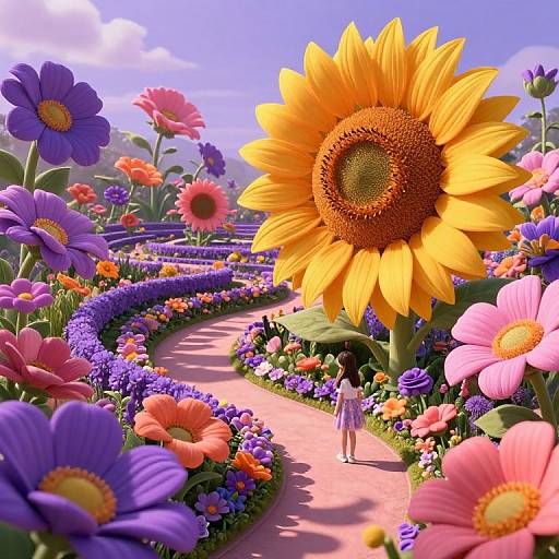 Vibrant CGI image of a sunlit garden with a large yellow sunflower, colorful flowers, winding pink path, and a small figure in a