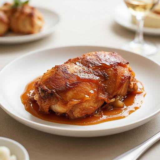 Photograph of a glazed, golden-brown roasted chicken on a white plate, with a rich, caramelized sauce pooling at the base, slightly blurred