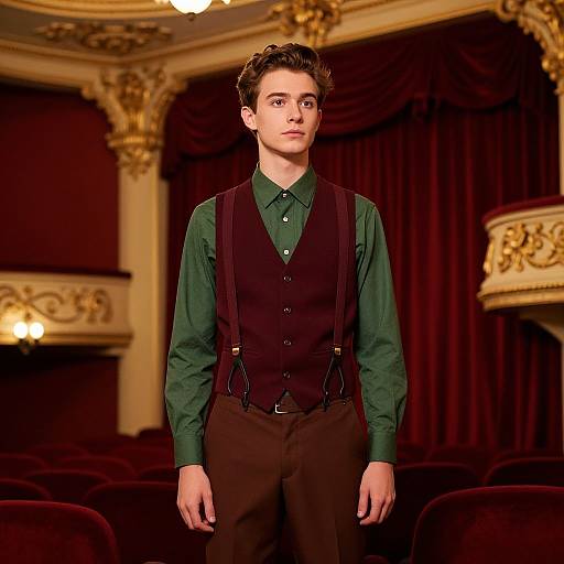 Photograph of young man with short brown hair, green button-up shirt, dark brown vest, and brown suspenders, standing in ornate, red