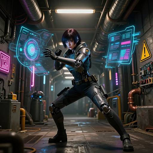Cyberpunk woman in black armor, glowing holographic interfaces, futuristic corridor, neon lights, sci-fi, digital art, dynamic pose, high-tech