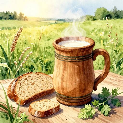 Digital painting of a wooden mug filled with steaming milk, surrounded by two slices of rustic bread and fresh herbs, set on a wooden table in a
