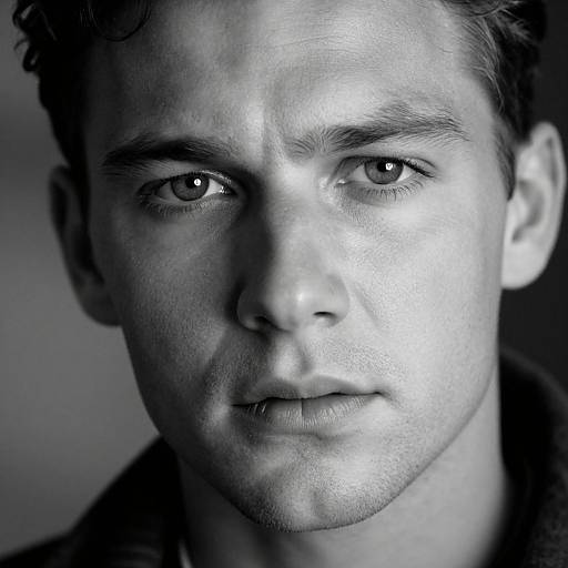 Black-and-white close-up photograph of a serious-faced young man with light skin, short curly hair, and intense eyes, highlighting subtle facial textures.