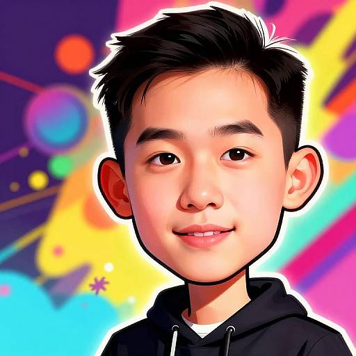 Digital portrait of a young Asian boy with short black hair, smiling, wearing a black hoodie, against a vibrant, colorful abstract background with neon lights and