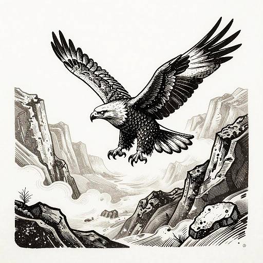 Monochrome Linocut Eagle in Canyon