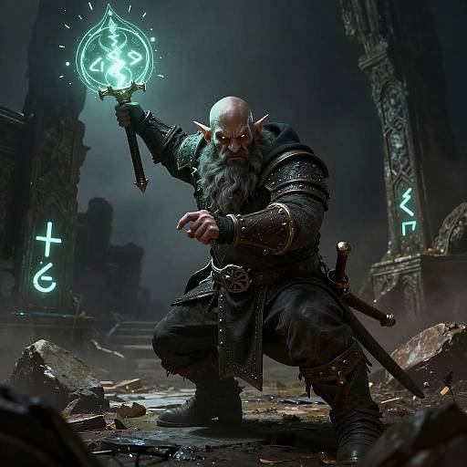 Digital artwork of a bald, bearded orc wizard with glowing blue magic orb, crouching in a dark, ruined temple, surrounded by ancient ruins