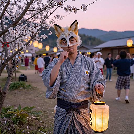 Photograph of a man in a fox mask, traditional Japanese kimono, holding a lantern, standing by a cherry blossom tree at twilight. Background features