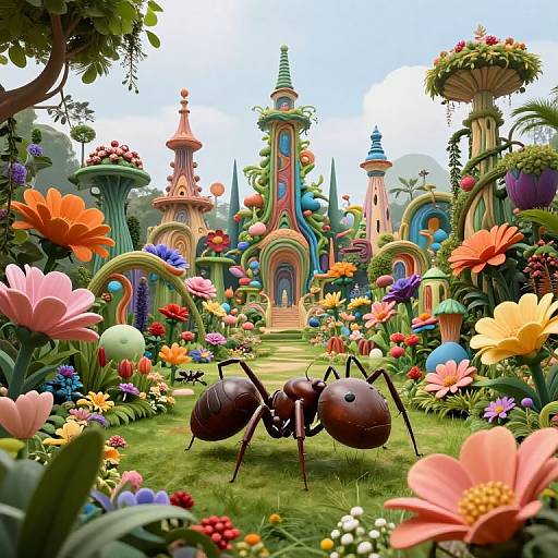 Vibrant CGI fantasy garden with colorful flowers, a whimsical, multicolored castle, and a large, detailed brown ant in the foreground.