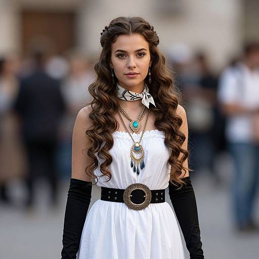 Photograph of a young woman with long, wavy brown hair, wearing a white dress, black gloves, and intricate jewelry, standing in a blurred