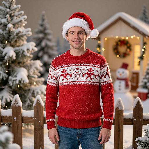Photograph of a smiling man in a red Santa hat and festive red sweater, standing in a snowy, Christmas-themed backyard.