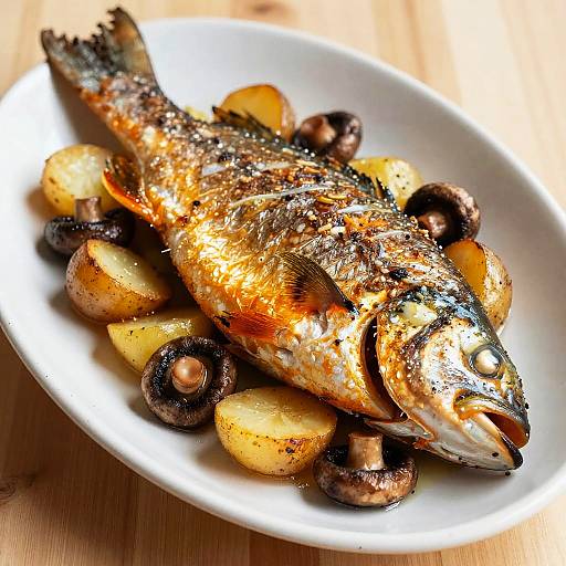 Whole Roasted Fish with Potatoes and Mushrooms