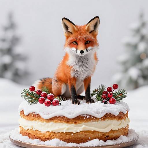 Photograph of a red fox with orange fur and white chest sitting on a snowy Christmas cake decorated with red berries and pine, set against a blurred winter