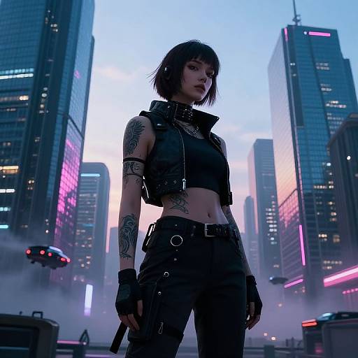 Cyberpunk cityscape photograph of a tattooed, short-haired woman in a black leather vest and pants, standing confidently amid neon-lit skyscrap