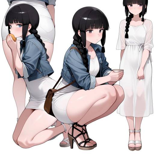 Anime girl with braided hair in white dress and denim jacket