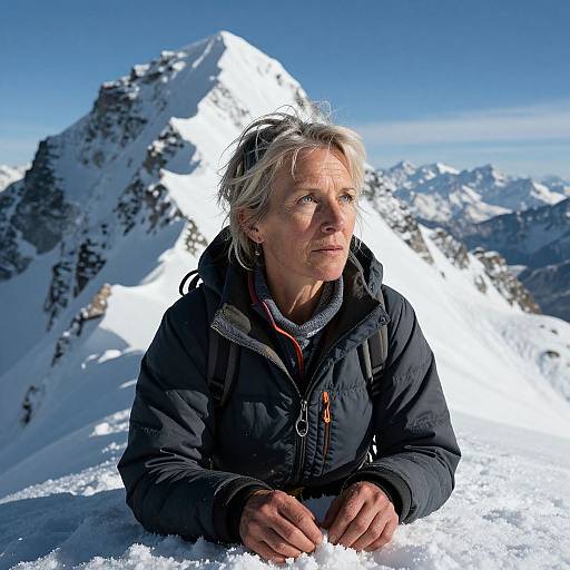 Photograph of an older woman with blonde hair, wearing a black winter jacket, sitting in snowy mountain terrain, with a snow-capped peak in the