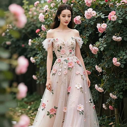 Elegant Woman in Floral Embroidered Gown