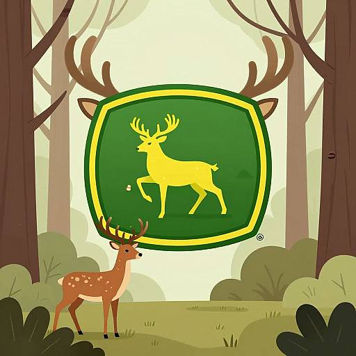 Digital illustration of a forest with a small brown deer in the foreground and a large green sign with a yellow deer silhouette in the background.