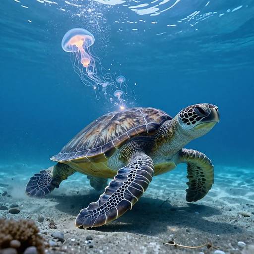 Photograph of a sea turtle swimming underwater, with a glowing jellyfish above, in a clear blue ocean with sandy seabed.